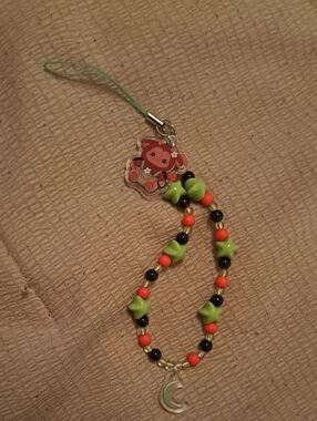 Cute Star Bead Phone Charm with Crescent Moon - Green & Coral